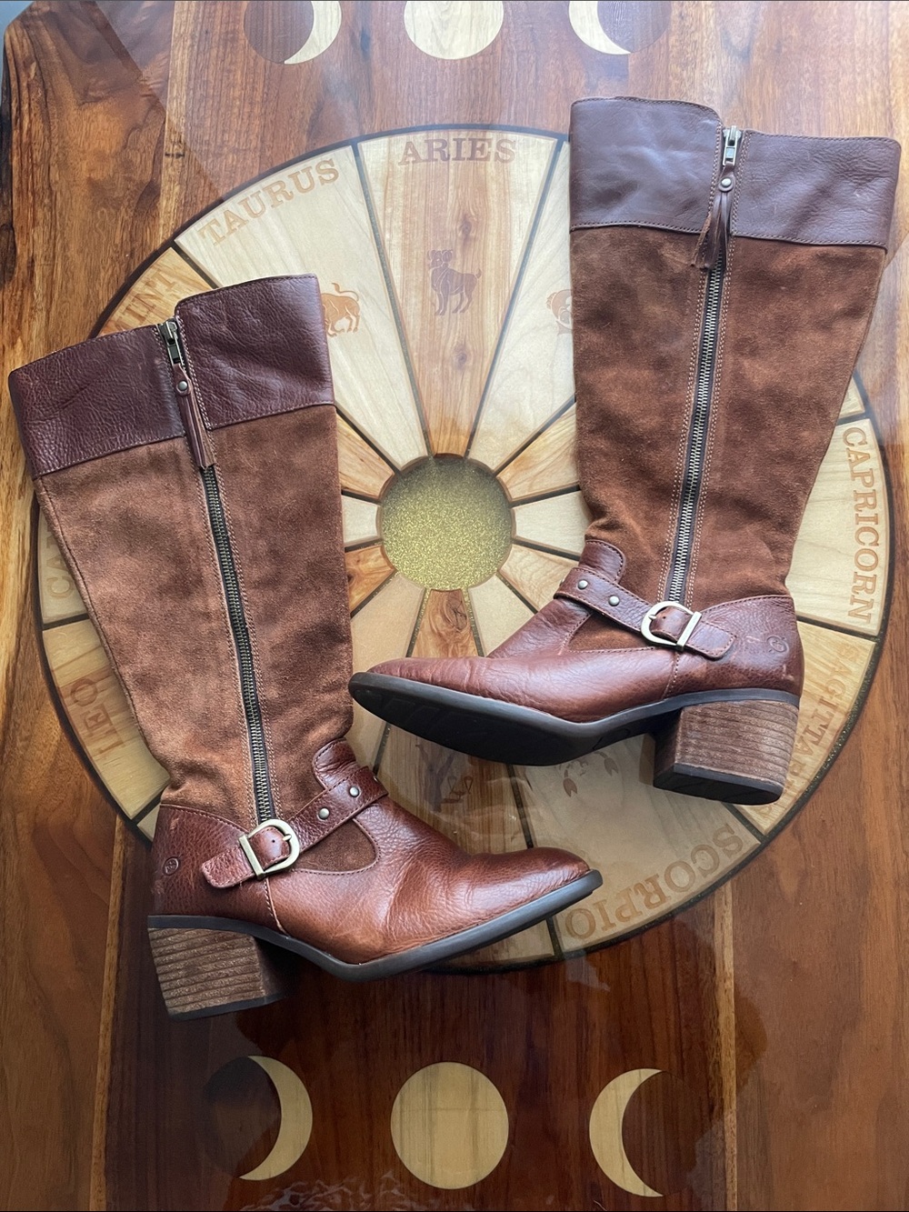 Born Alize Wide Calf Knee High Double Zip Brown Leather Suede Western Riding - Picture 1 of 11